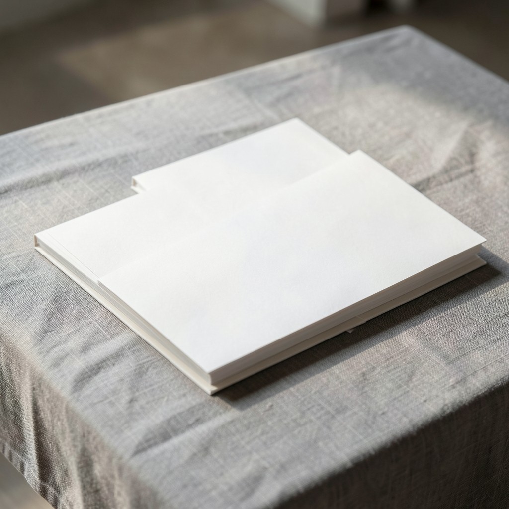 Three plain paper folders lined up on a gray linen table in morning light