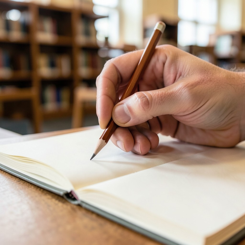 Hands holding a pencil over a blank notebook page in a library