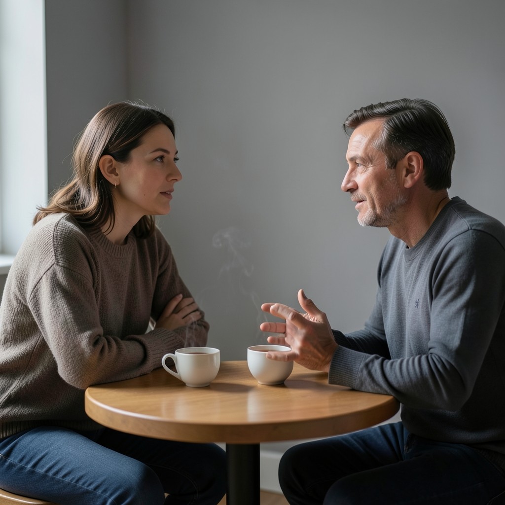 Two people talking calmly over tea at a small table in a neutral room