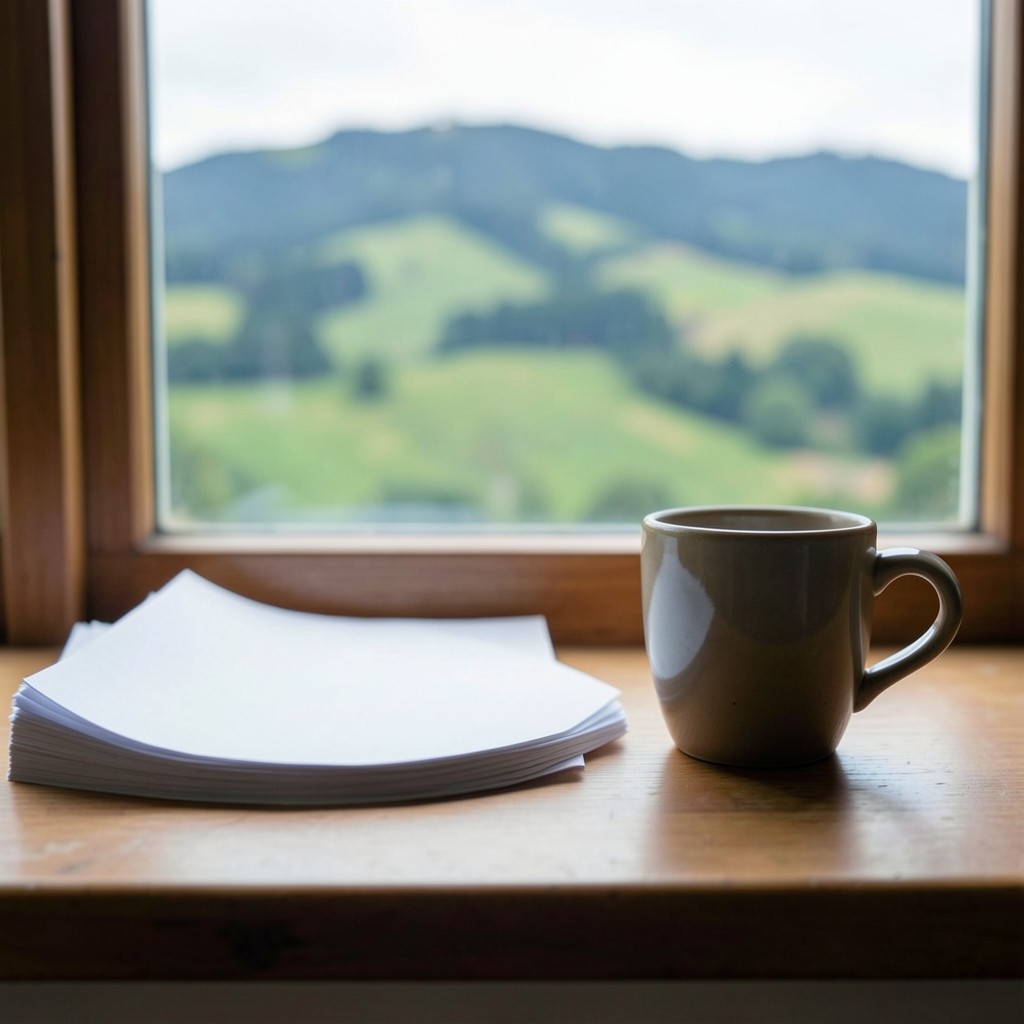 A face-down stack of plain paper and a ceramic cup on a reading-room window ledge