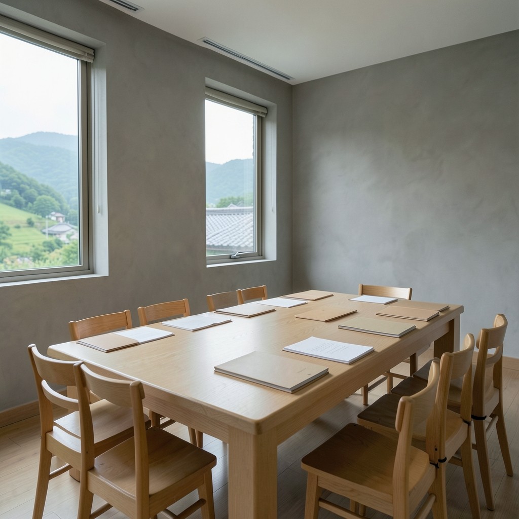 Quiet civic reading room with a long oak table, closed folders, and tall windows facing green hills