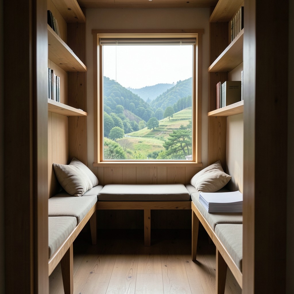 Narrow reading room with window seats, low shelves, and a view of a rural hillside