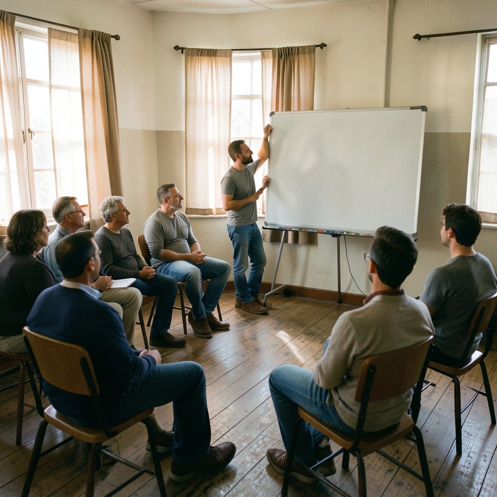 A speaker beside a blank flip chart with listeners seated in a small hall