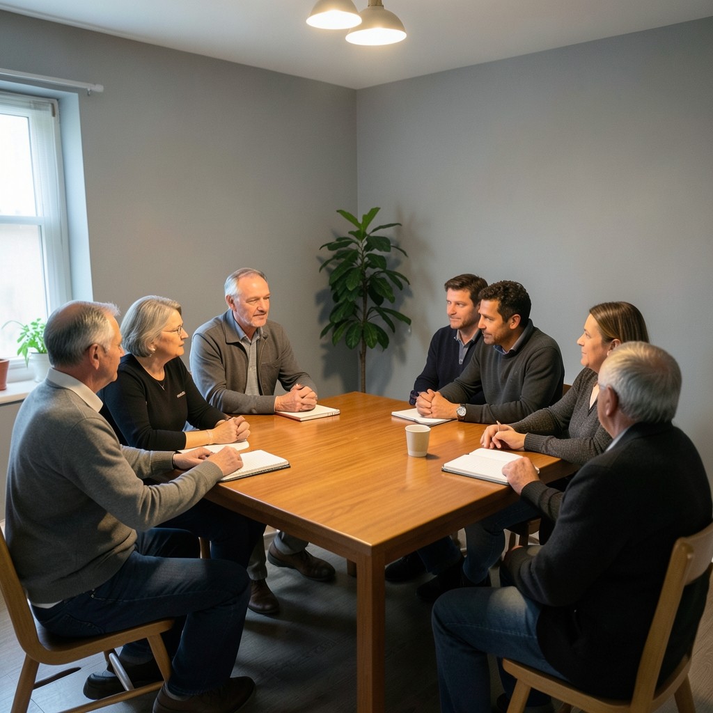 Adults seated around a square table in a modest community room