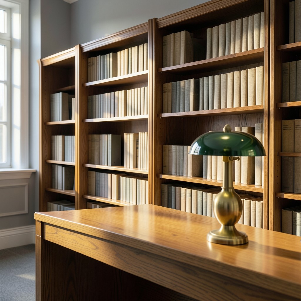 Wooden shelves of plain clothbound volumes beside an empty oak desk