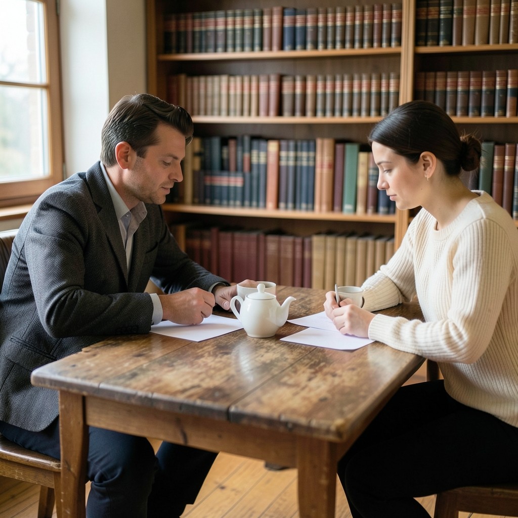Two adults at a wooden library table reviewing blank papers in soft window light