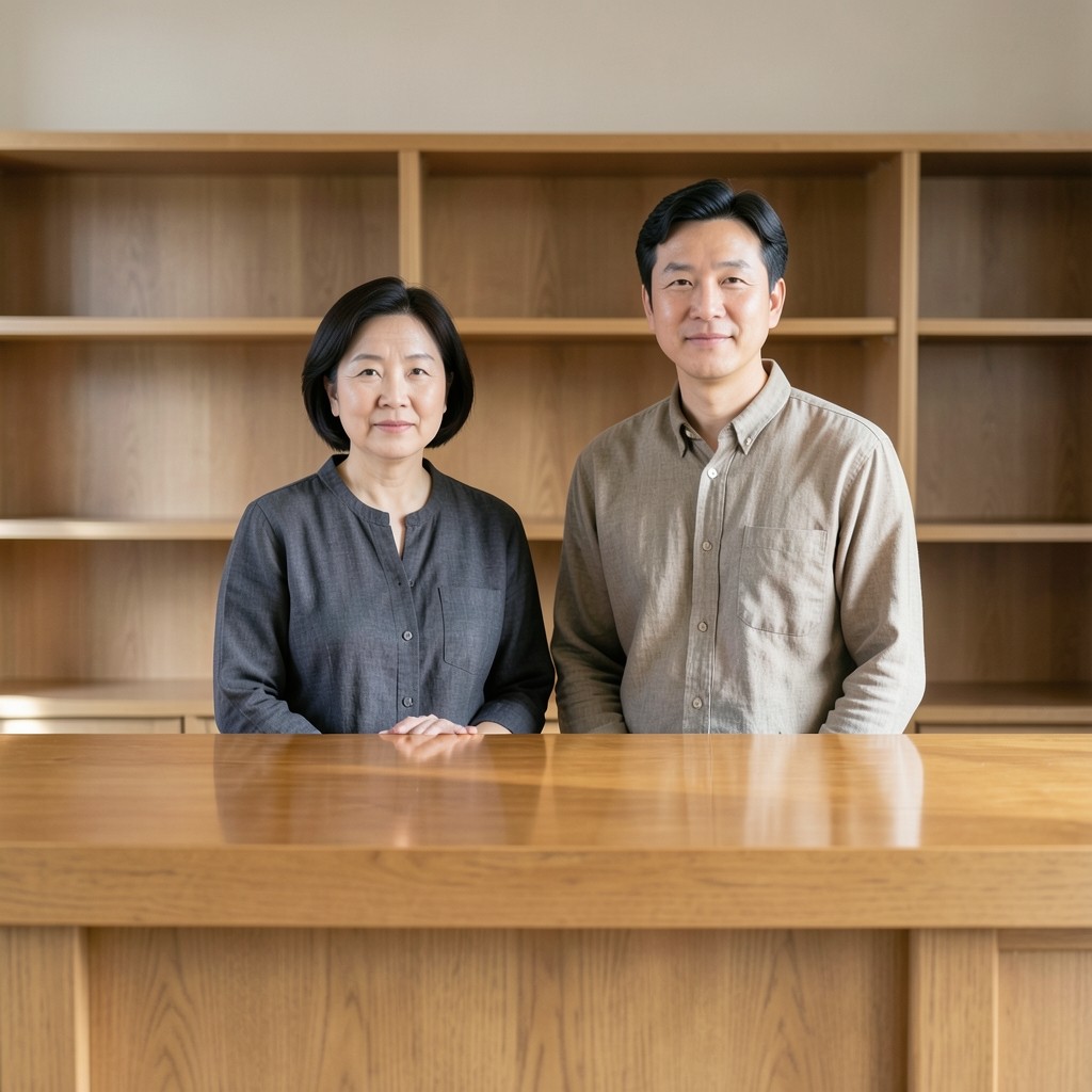 Two librarians standing behind a wooden counter with shelves behind them